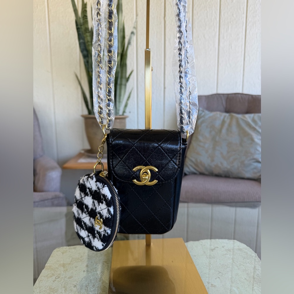 CC Beauty Quilted Black Crossbody Bag with Houndstooth Pouch